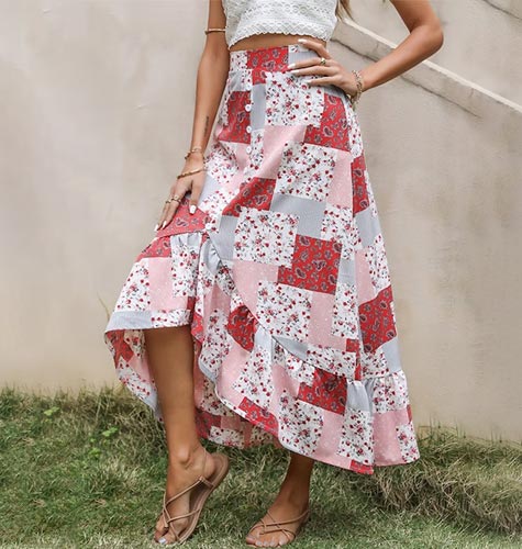 Women Pink & Red Floral Print Ruffle Hem A-Line Skirt
